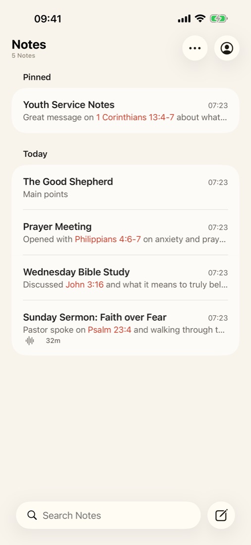 The notes list, grouped by week